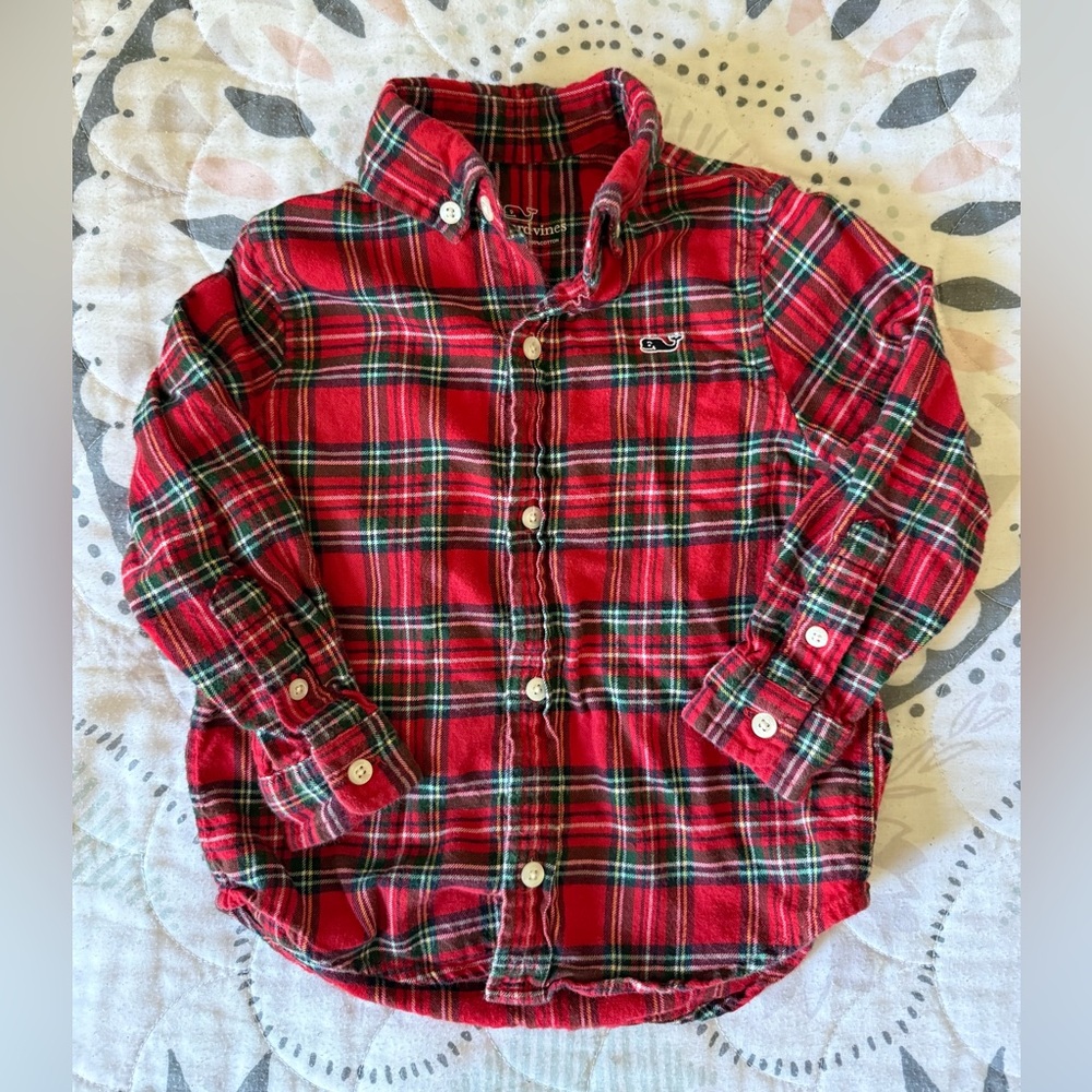 Vineyard Vines Red and Green Plaid Shirt. Size 2T